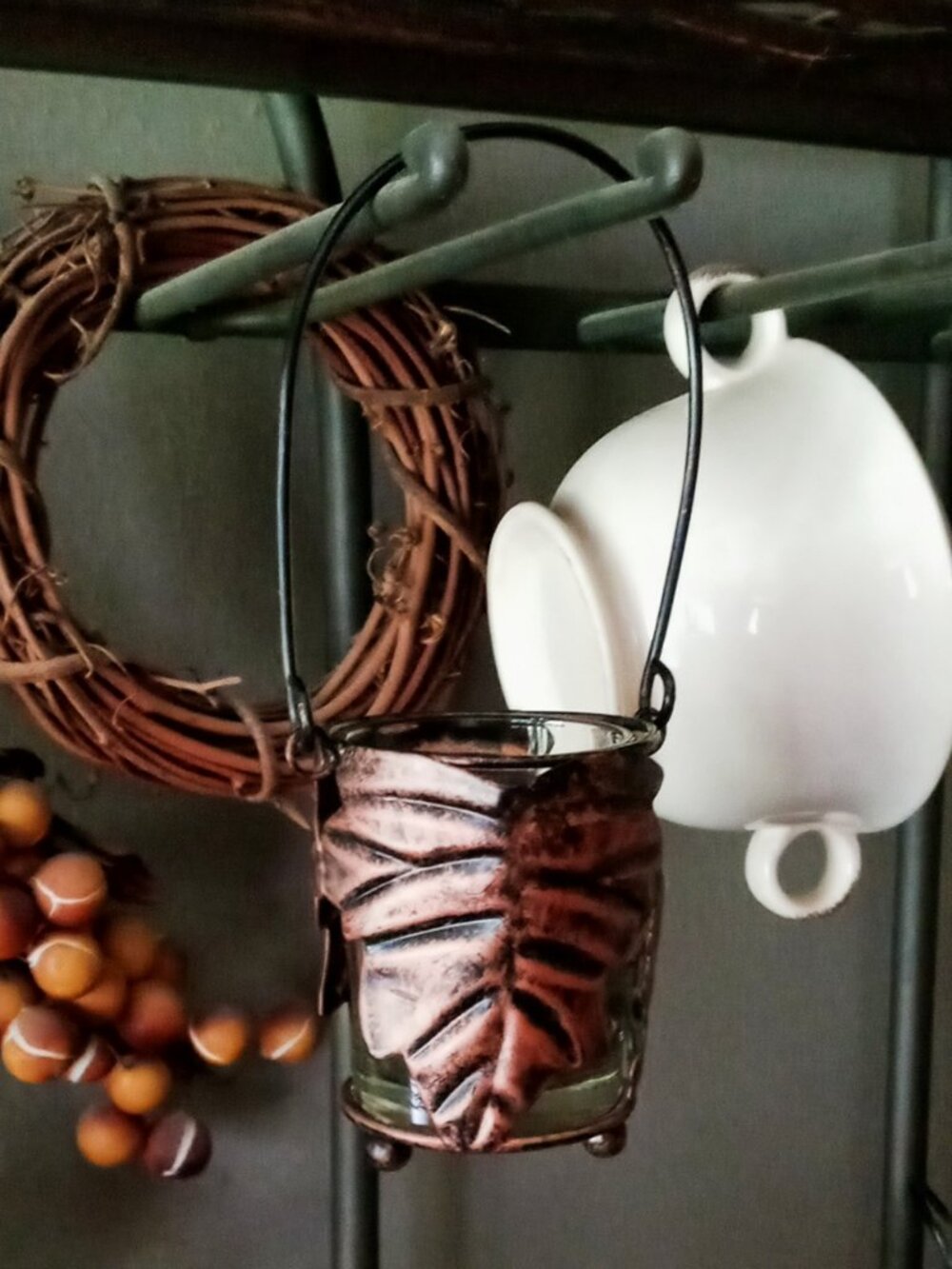 🍁Copper Glass Leaf Votive/Tealight Candle Holder Lantern Decor Hanging Rustic🍁 - Picture 9 of 14